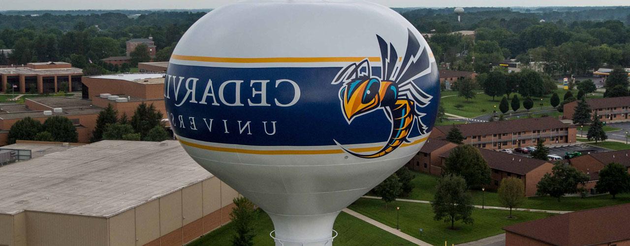 Cedarville's water tower painted with the yellow jacket mascot